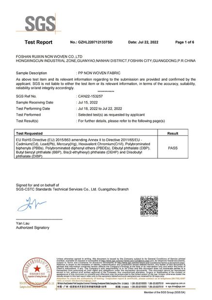 China FOSHAN RUIXIN NON WOVEN CO.,LTD certification