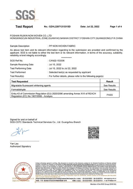 China FOSHAN RUIXIN NON WOVEN CO.,LTD certification