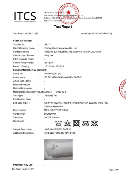 China FOSHAN RUIXIN NON WOVEN CO.,LTD certification
